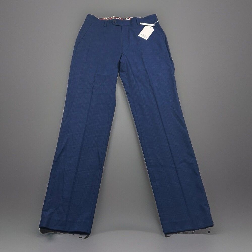 Ben Sherman Slim Fit Pants Men’s 30x32 Blue Plaid Performance Stretch NEW